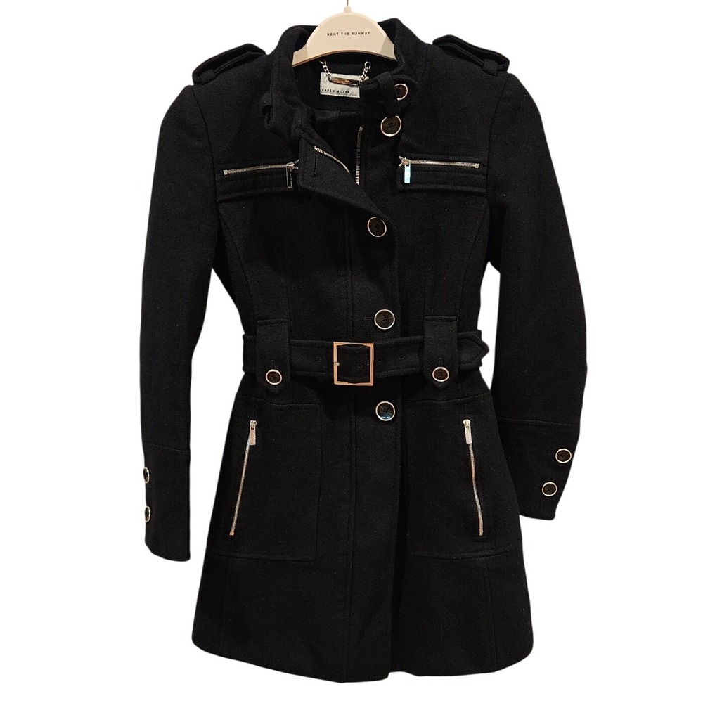 Karen Millen Black 100% Wool Military Trench Coat Belted XS Dark Academia Y2K